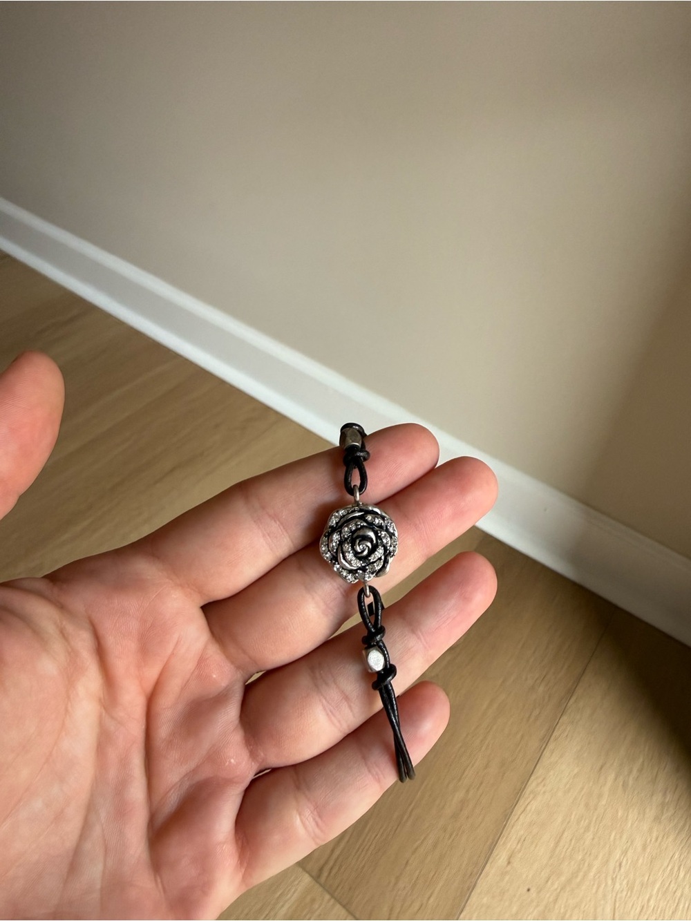 FOSSIL: Silver Rose Leather Bracelet - Women's Floral Charm